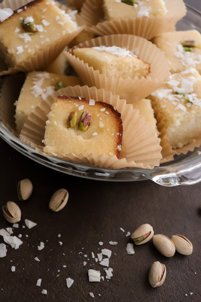 Coconut Basbousa (Basbosa)Cake, Semolina Cake with Soaked in Syrup