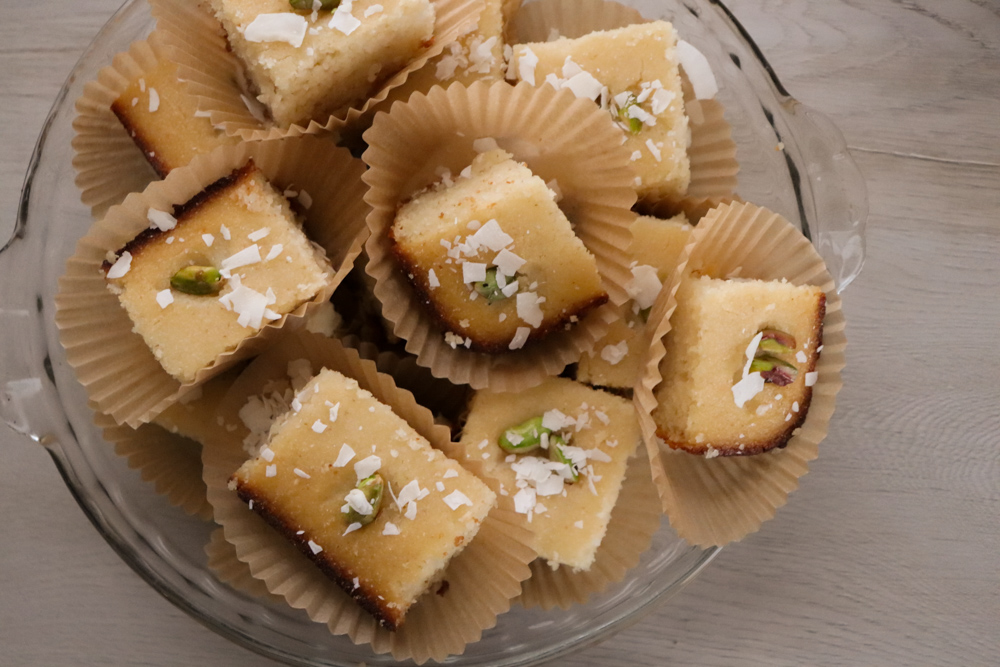 Coconut Basbousa (Basbosa)Cake, Semolina Cake with Soaked in Syrup